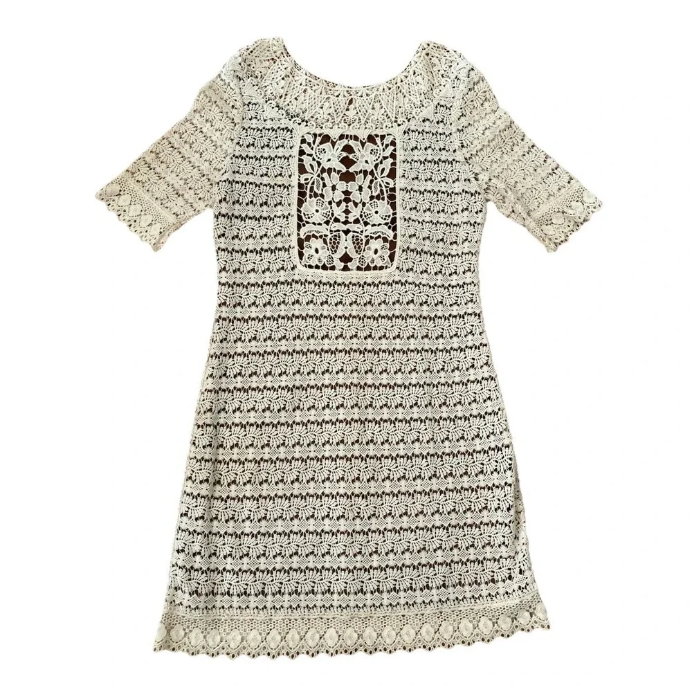 Cottagecore Laundry by Design dress Cream Sz M Lace crochet short‎ sleeve